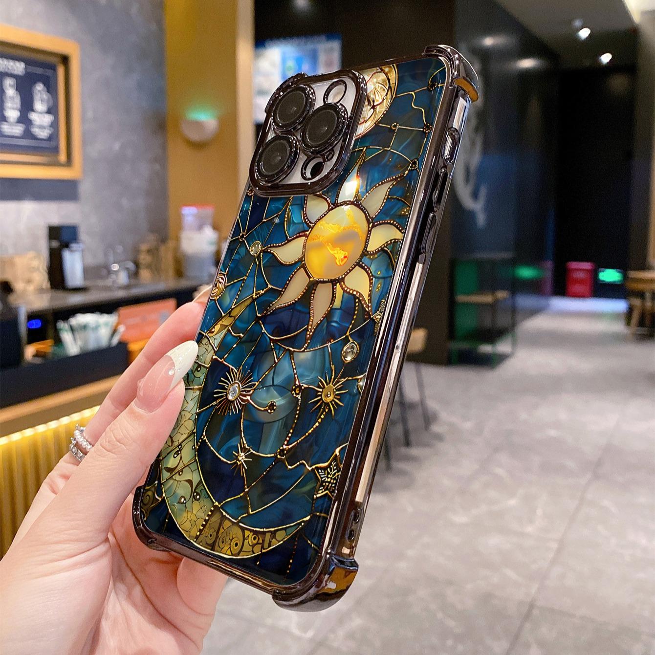 Four-corner anti-drop TPU phone case with sun and moon pattern design, suitable for iPhone 16 15 14 Pro Max 13 12 11 XR XS Plus, shockproof full camera protection, durable and slim silicone shell phone case Cover
