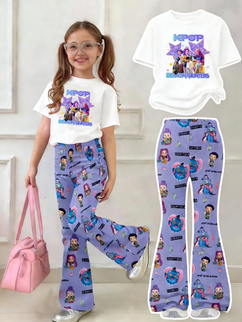 K-Pop Demon Hunters Girl Set, Y2K Sweet Cool Kpop Style, Short Sleeve T-Shirt & Derpy Huntrix Cartoon Pants