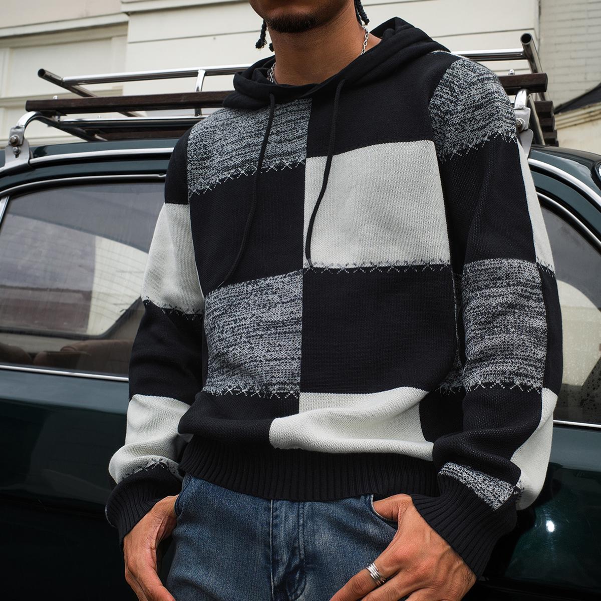 Men's Casual Hooded Color-Block Sweater - Black & Plaid Pattern, Long Sleeve Pullover with Ribbed Cuffs & Adjustable Drawstring Hood for Spring/Fall, Durable Knitwear, Comfortable Fit