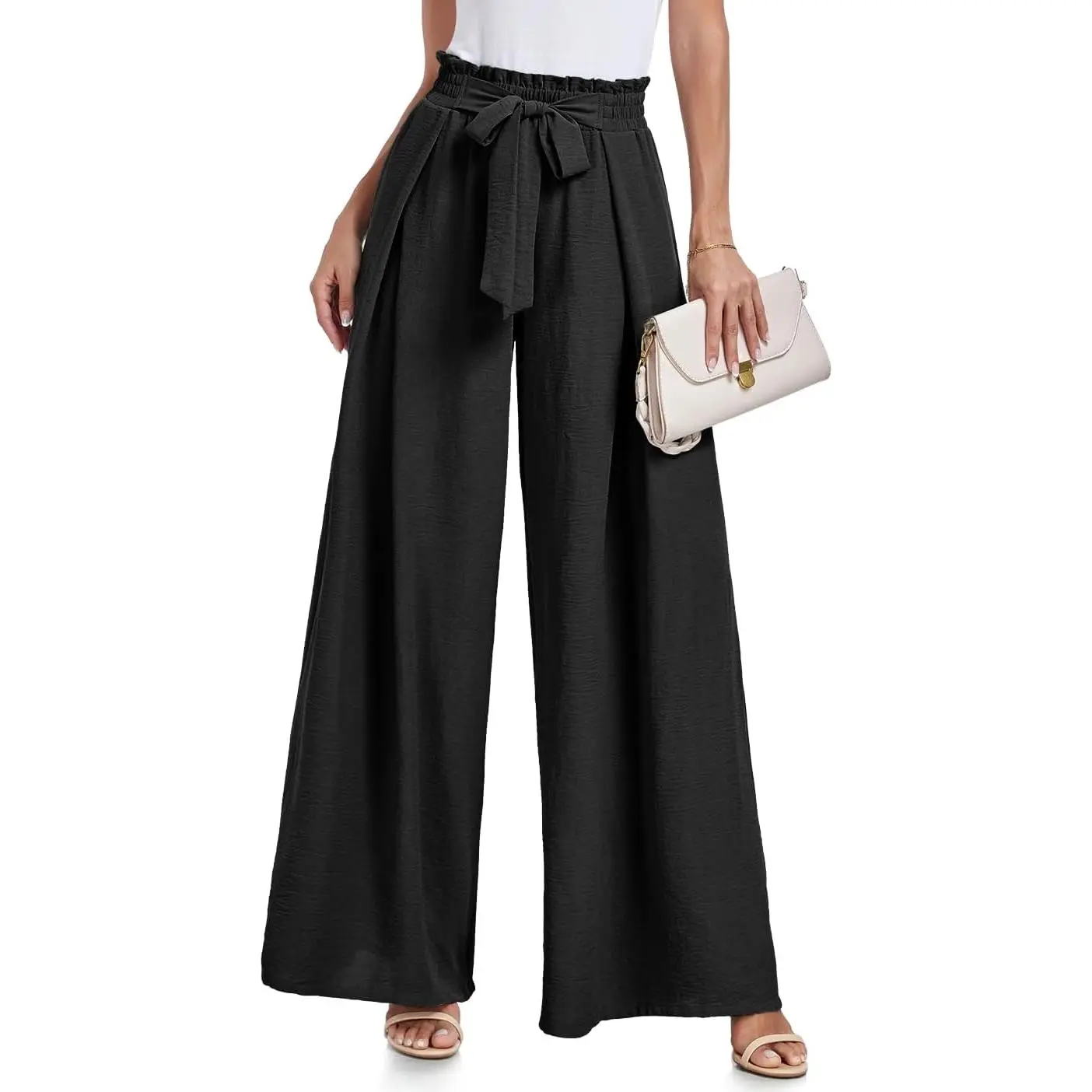 Women's High Waisted Wide Leg Palazzo Pants with Pockets, Flowy Tie Knot Trousers for Work & CasualGift