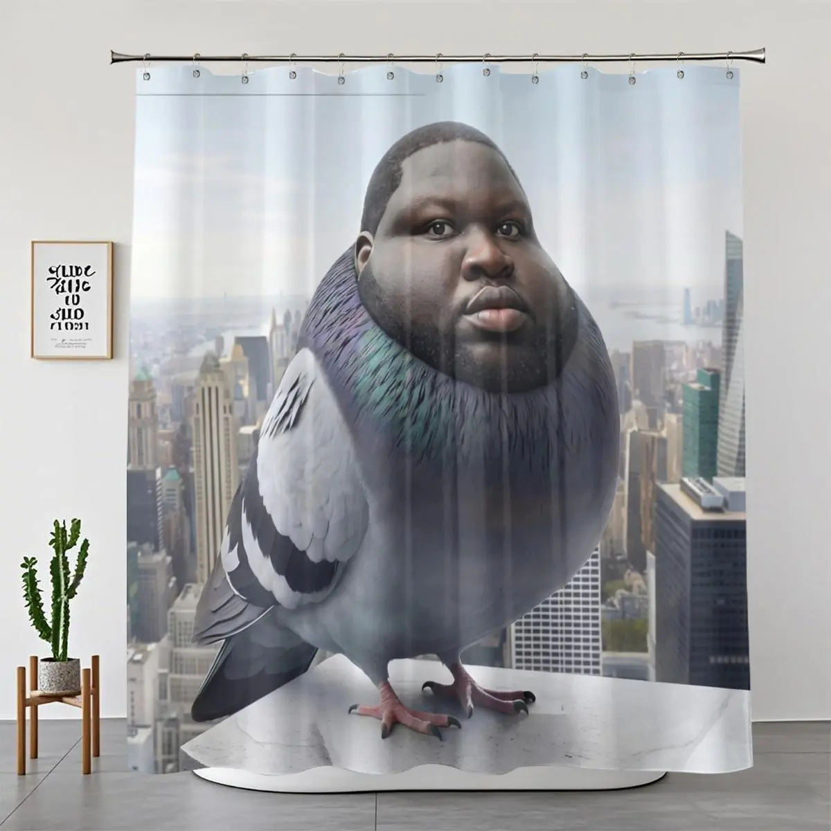1/4-Piece Funny Pigeon Man Face Meme Bathroom Shower Curtain Set - Cursed Bird-Human Hybrid Weirdcore Brain Rot Gen Z Humor Gag Gift, Non-Slip Mat, Toilet Cover, Waterproof College Dorm Room Novelty Decor