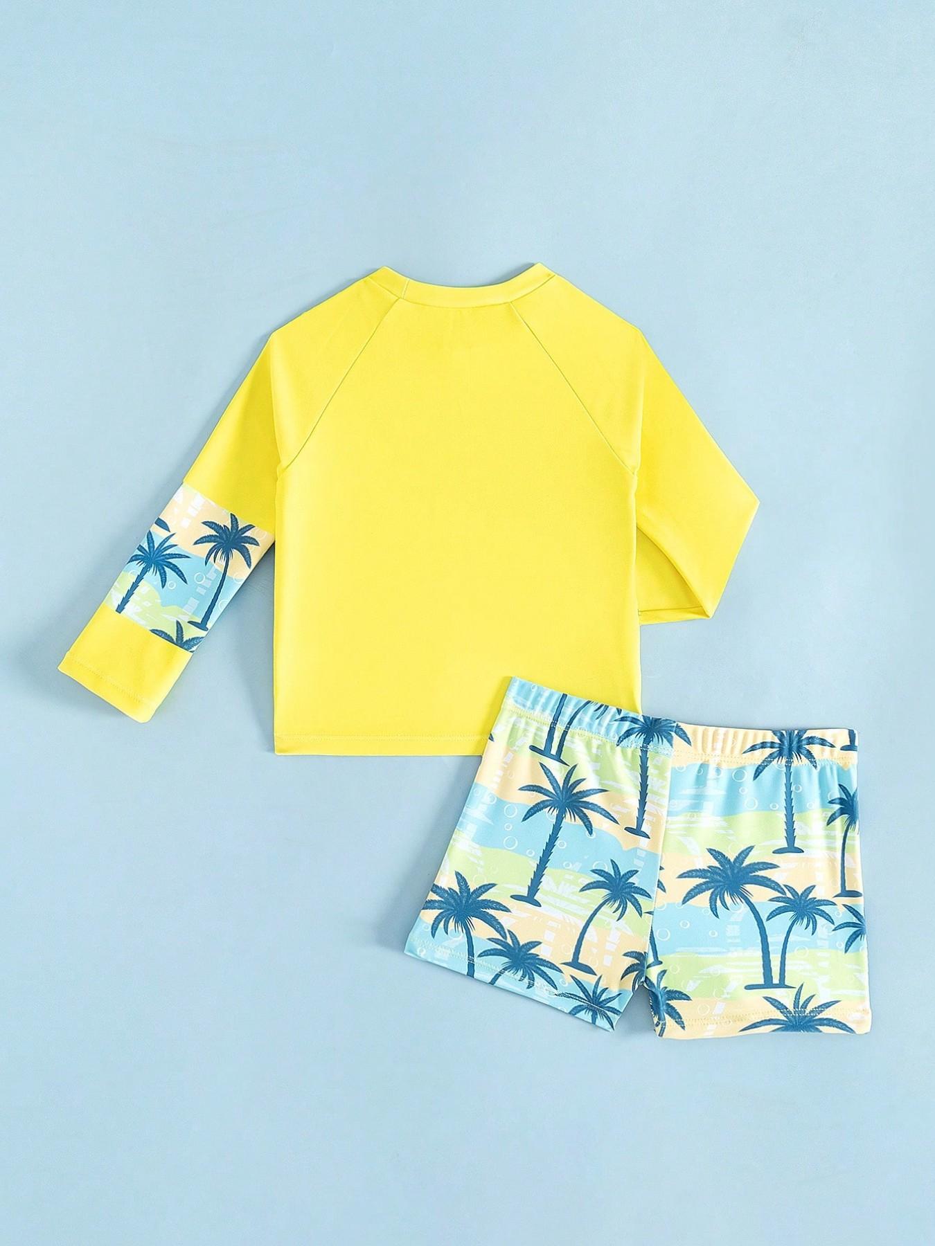 Surf Coconut Tree Swimsuit, Bright Colorblock Long Sleeve Sun Protection Quick-Dry Two-Piece Set, Kids Swimwear