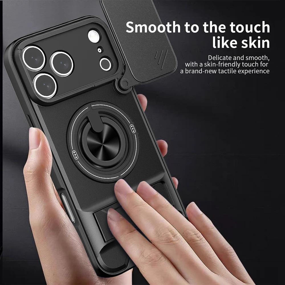 Phone Case: 3pcs Set[1 Phone Case+2 Screen Protectors] Luxury Multi-Functional Creative Push Window Rotating Ring Stand Phone Case Compatible with iPhone 17 16 15 14 13 12 11 Pro Max Plus Durable Fashion Magnetic Wireless Charging Shockproof Lens