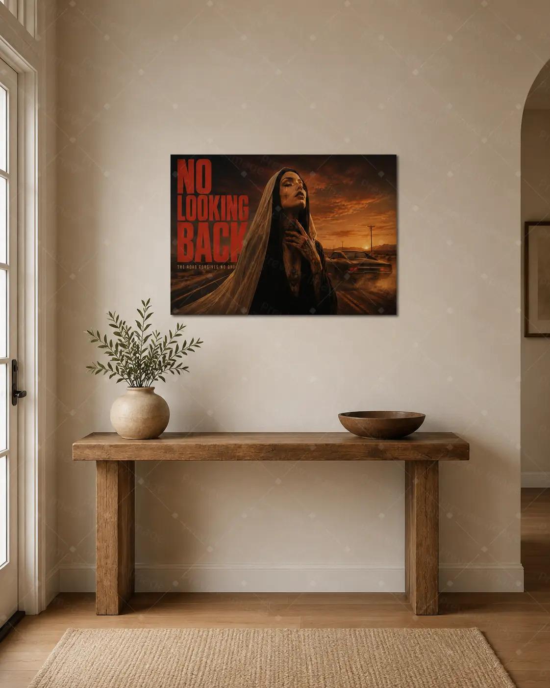 "No Looking Back" Canvas Wall Art, Road Trip Nun & Sunset Desert Print, Modern Aesthetic Living Room Bedroom Office Decor, Statement Poster Gift,wall decor,poster.