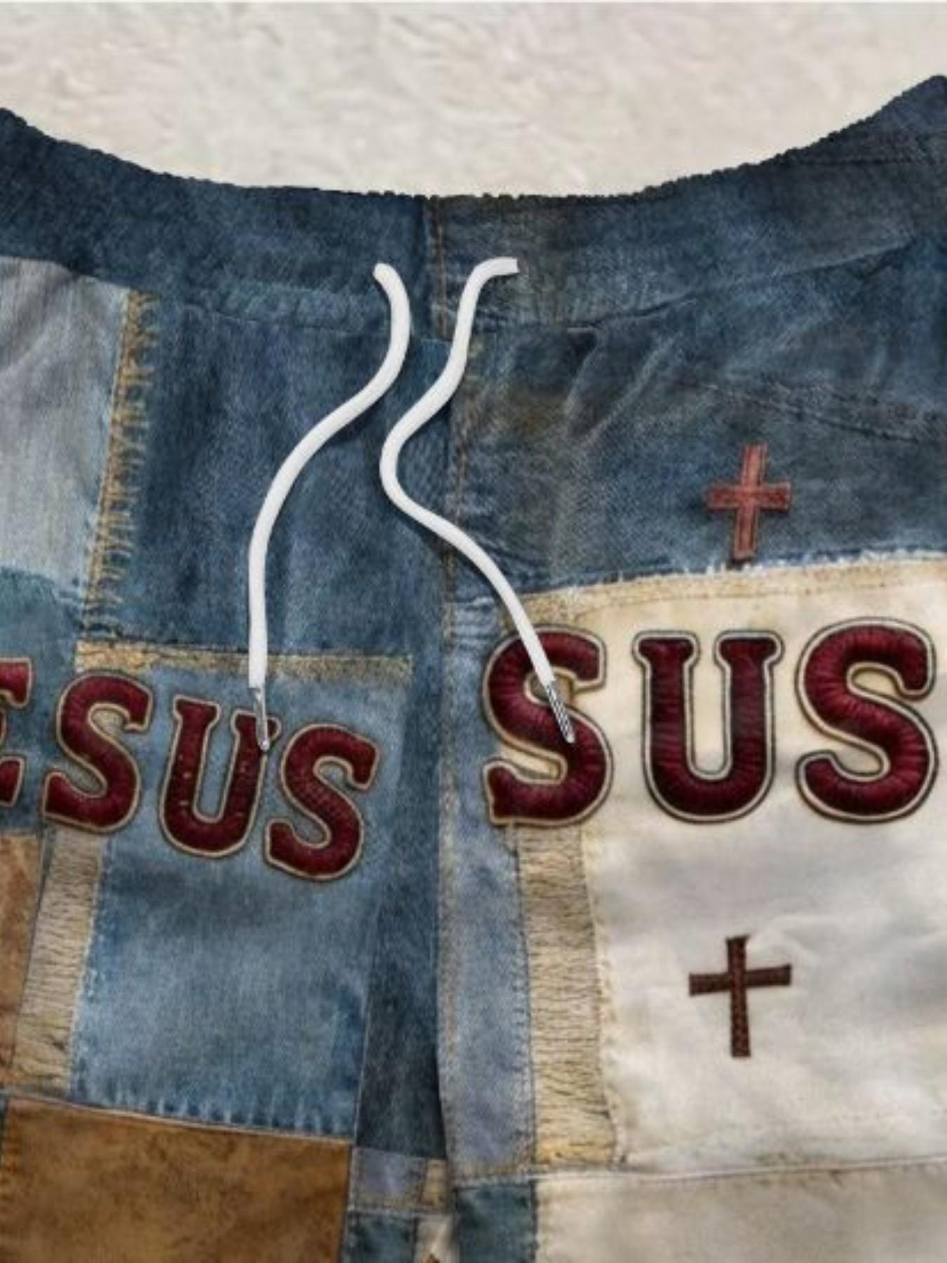 Men's Casual Summer, Contrast Color Denim Washed Print, Short Sleeve T-Shirt and Shorts Set, 2-Piece Ensemble for Warm Weather