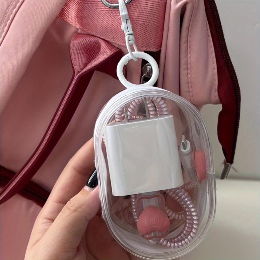 1pc Oval Zippered Plastic Packing Organizer for Apparel - Mini Portable Earbud, Cable and Charger Storage Case with Keychain - Travel Pouch for Accessory Organization Headphone Bag