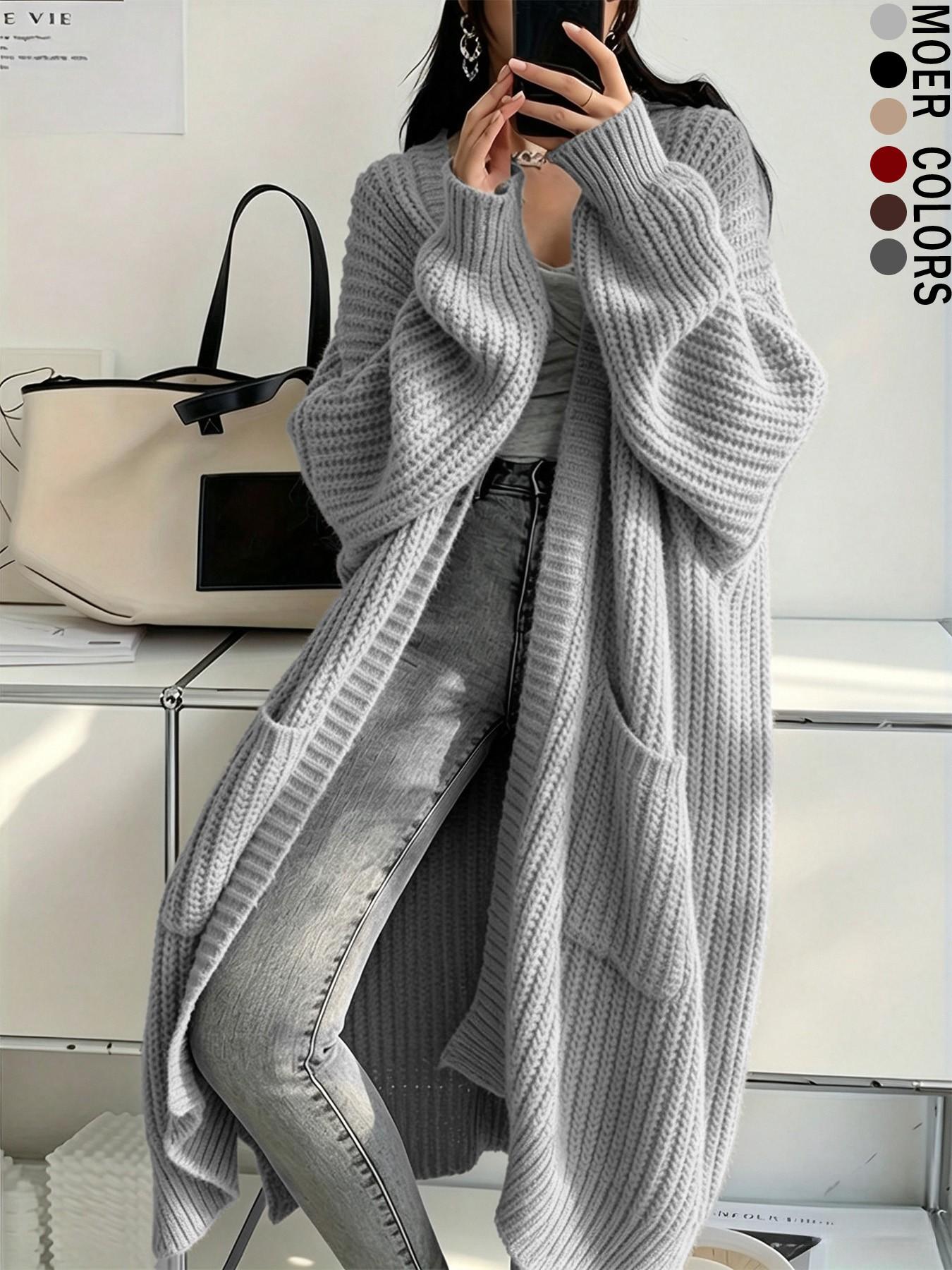 Women's Fashionable Elegant Casual Commuter Knit Long Cardigan, Long Sleeves, Stylish Versatile Outerwear for Fall and Winter, Comfortable and Warm Sweater Coat