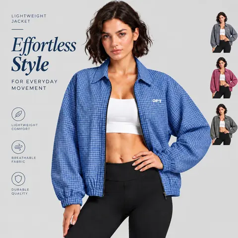 Women's Vintage Checkered Zip Up Jacket, Lapel Collar Loose Long Sleeve Cropped Outerwear, Breathable Casual Coat for Gym Running Daily Wear, Multiple Colors Available