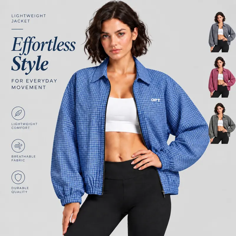 Women's Vintage Checkered Zip Up Jacket, Lapel Collar Loose Long Sleeve Cropped Outerwear, Breathable Casual Coat for Gym Running Daily Wear, Multiple Colors Available