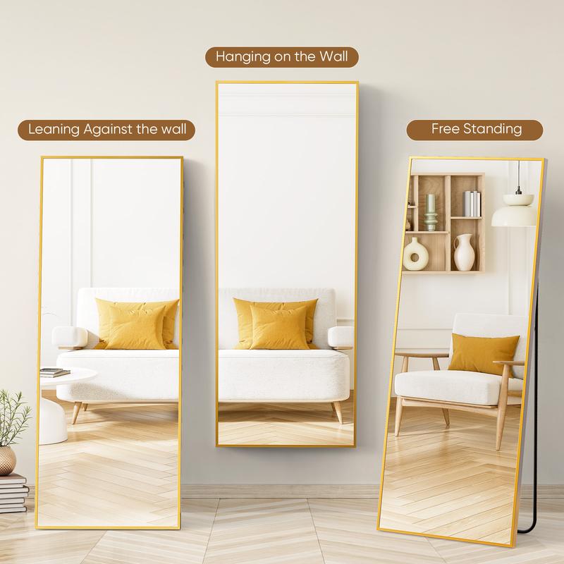 71" Full-Length Mirror with Stand - Freestanding/Wall-Mounted Floor Mirror, Shatterproof Nano Glass & Aluminum Frame, Right Angle/Rounded Corners (Gold/Black)