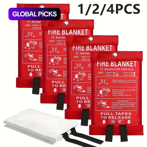 Heat-Resistant Fiberglass Fire Blankets with Pull Tabs, Emergency Supply, 4 Counts Reusable Fire Safety Equipment for Kitchen, Home, School and Office, Emergency and Supplies #GLOBAL PICKS