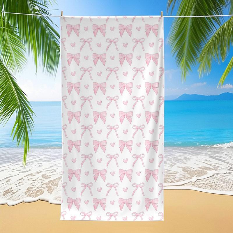Large-size bath towel with pink bow and heart print, quick-drying absorbent towel for seaside vacations, portable travel beach towel, sand-proof large travel shawl, suitable for sports, swimming, pool activities and yoga beach towels