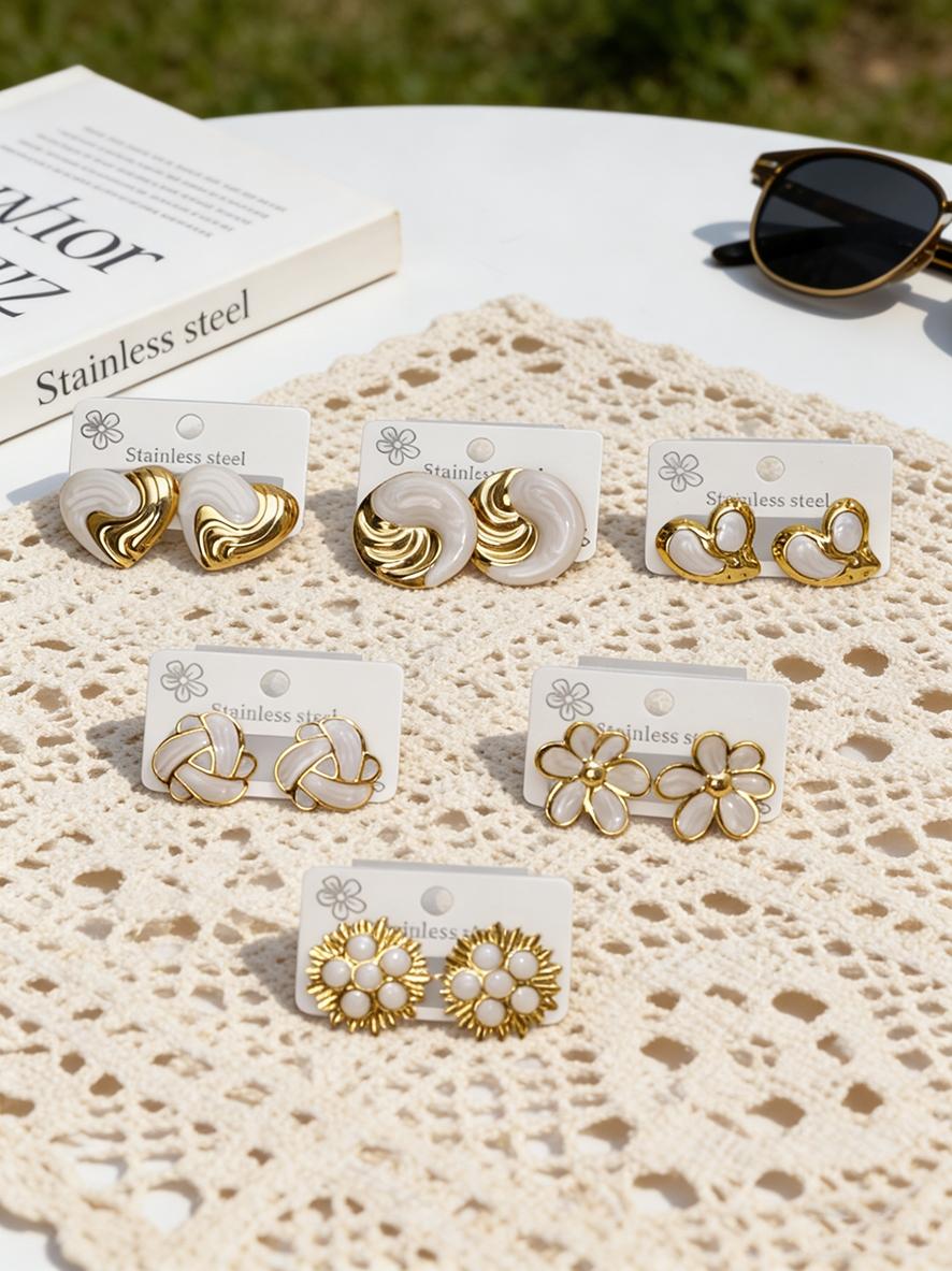 White Enamel Gold Stud Earrings for Women, Dripping Oil Heart Flower Geometric Earring, Hypoallergenic Stainless Steel Jewelry, Trendy 2026 Summer Accessory for Party & Daily Wear
