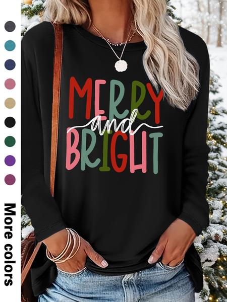 Women's Christmas Casual Letter Print Round Neck Long Sleeve T-Shirt, Comfortable Fabric, Available in 9 Colors, All Seasons Wear
