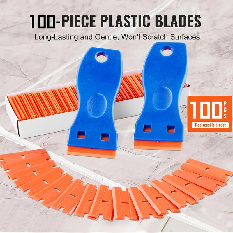 Plastic Razor Blade Scraper,2pcs Scraper Tool,100pcs Plastic Blades,for Cleaning Scraper Remover for Stickers,Decals,Adhesive,Labels,Paint from Glass,Car,Window,Caulk,No Scratches Lightweight Kit Kit Kit