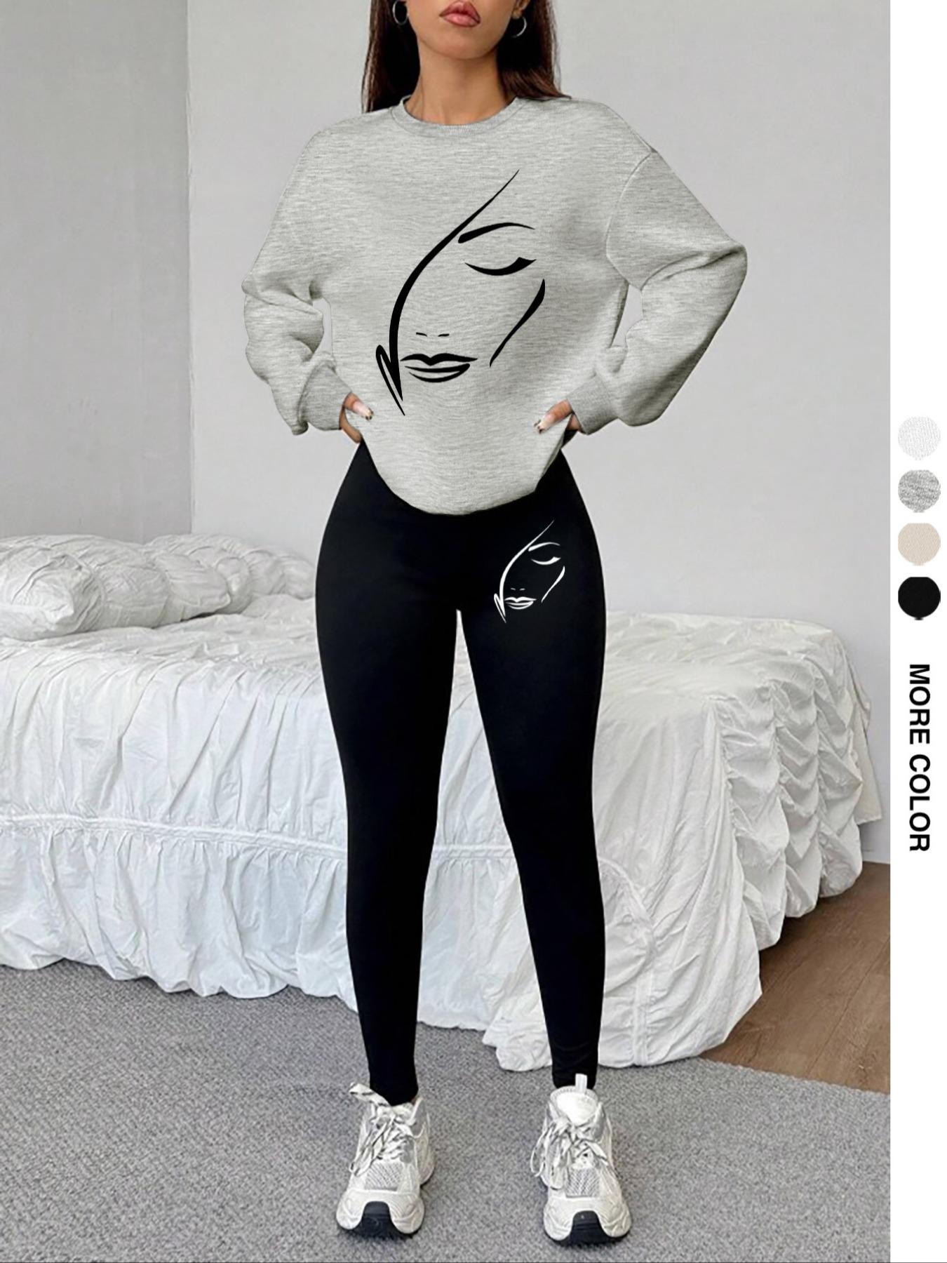 Women's 2-Piece Sweatshirt Set, Face Print Round Neck Long Sleeve Top, Long Pants, Casual Fall Winter, Holiday Sale