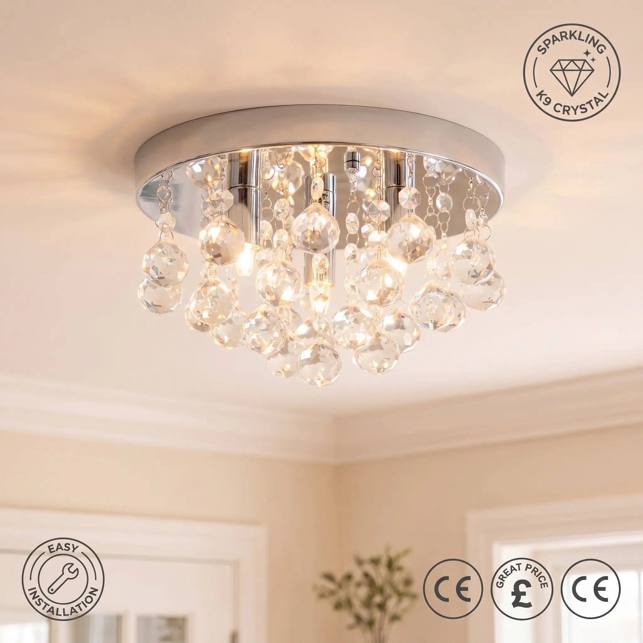Crystal Flush Mount Ceiling Light, 10 Inch Chrome K9 Crystal Ball Chandelier, Modern Chandeliers for Dining Room, 3-Light G9 Base Modern Ceiling Light Fixture for Hallway Foyer Entryway Kitchen Living Room, Bulbs Not Included