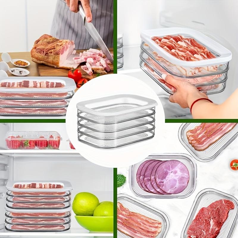 4-Layer Stackable Food Storage Containers, Airtight & Leak-Proof Fridge Organizer. Reusable for fridge and freezer, perfect for meat, cheese, beef rolls, shrimp and more. Practical and stylish kitchen storage accessory.