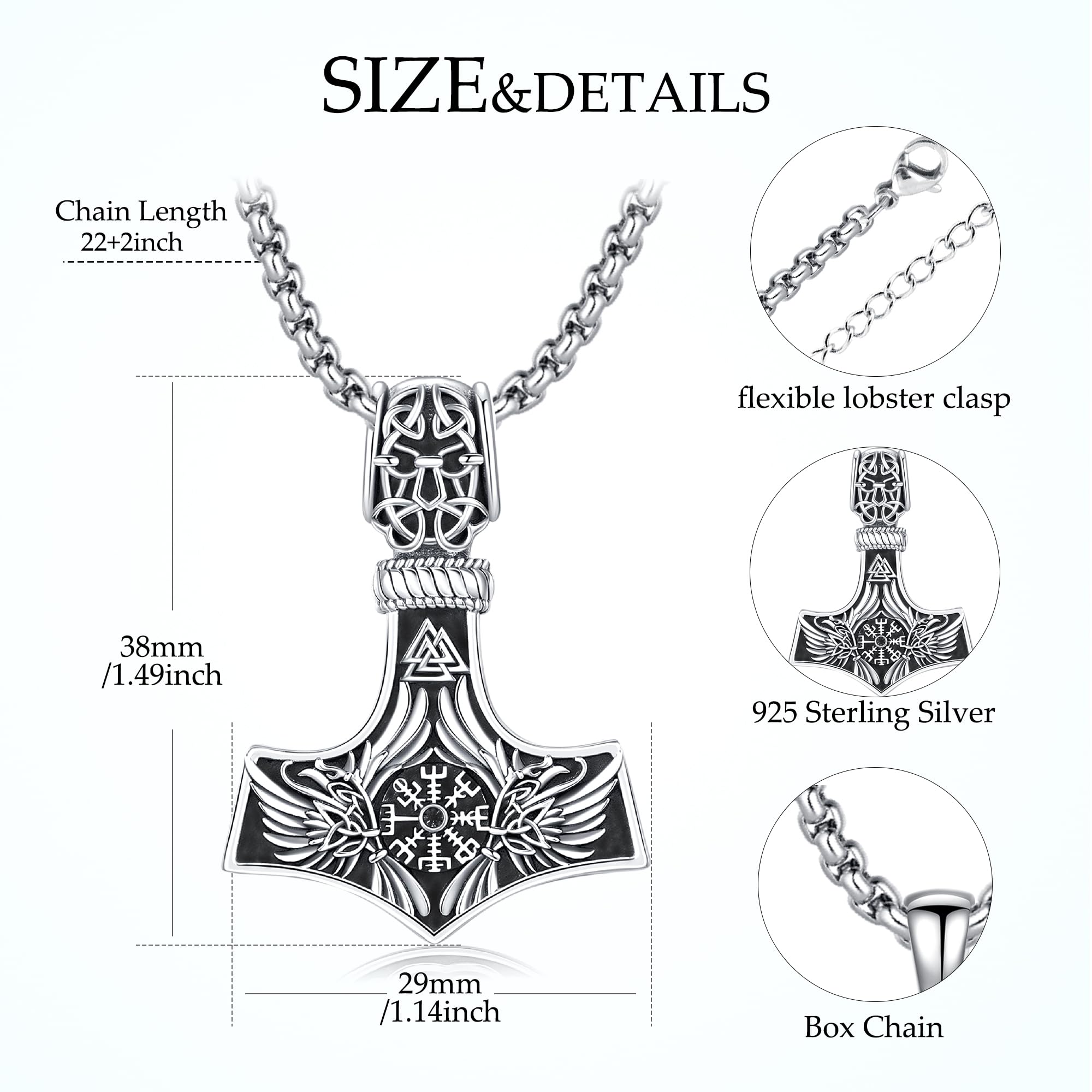 DRINSPER S925 Mjolnir Necklace Thor's Hammer Design Pendant 925 Sterling Silver Jewelry