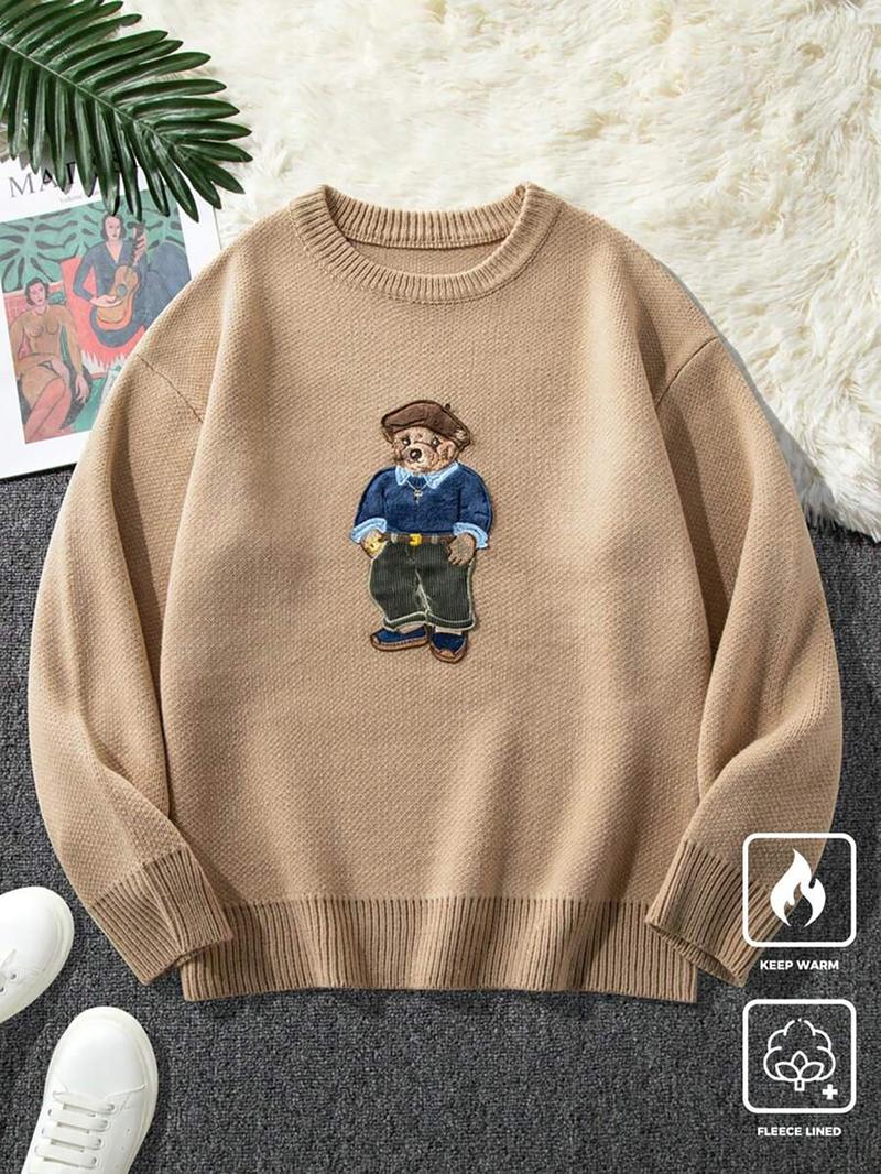 Unisex Fall Winter New Cartoon Bear Embroidered Round Neck Knit Pullover, Casual Comfy Pullover, Casual Comfortable College Style Sweater, Elegant Fashion Top
