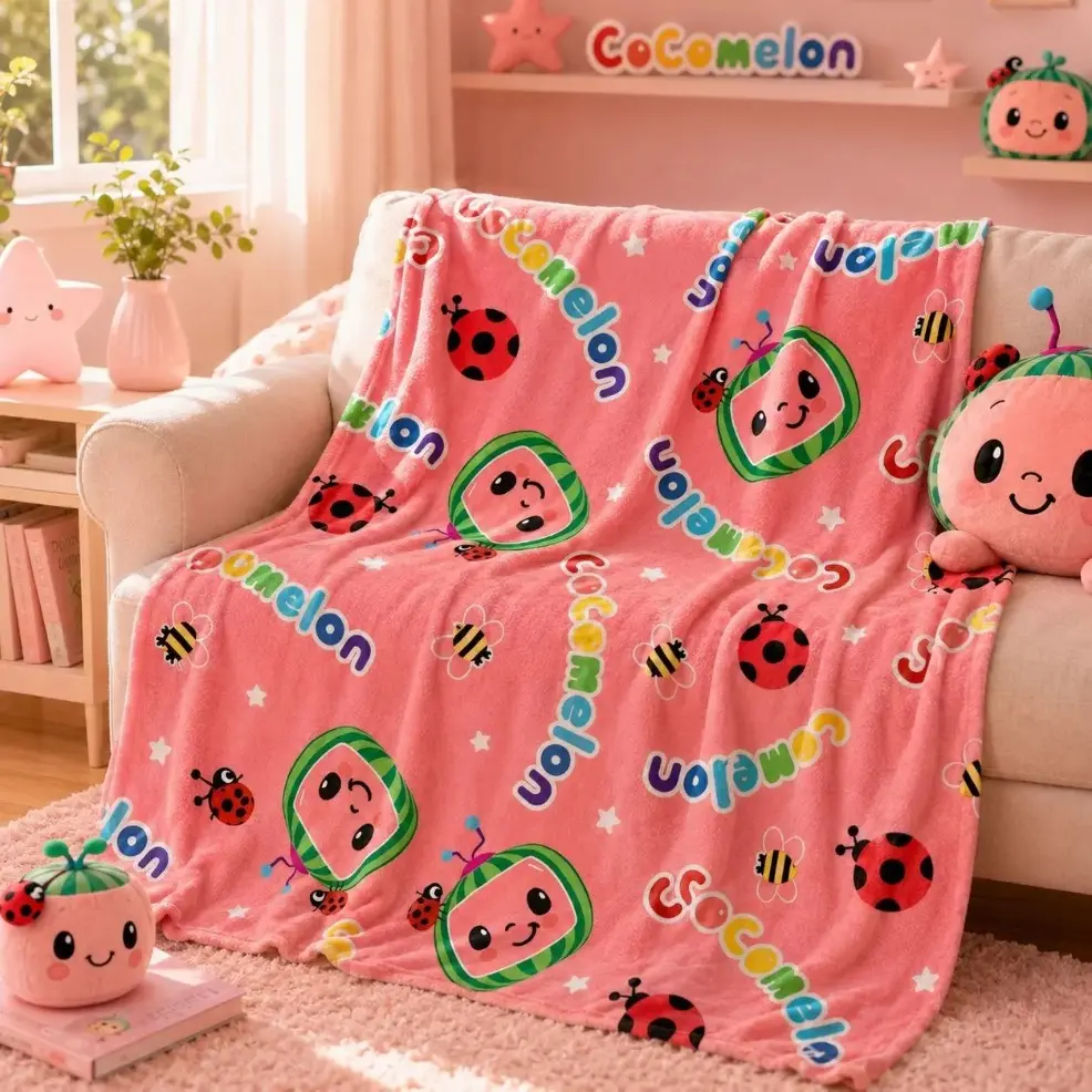 1pc CoComelon Cartoon All Over Print Fleece Blanket, Adult & Baby Blanket, Seamless Watermelon Ladybug Bee Kids Pattern, Cute Pink Toddler Cartoon Style, Soft Multi‑use Throw for Sofa, Bed, Office, Camping, Ideal for Toddler Cartoon Gifts, Birthday & Holi