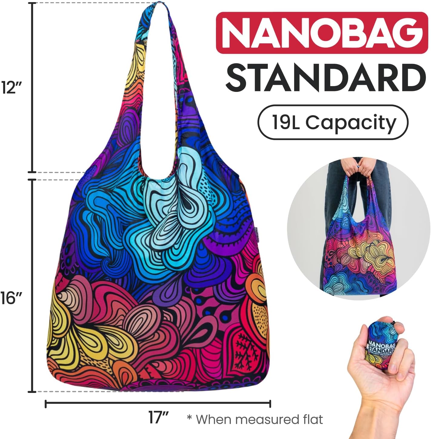 Nanobag Standard - Ultralight, Foldable, Reusable Shopping Tote Bag for Groceries, Travel & Daily Use