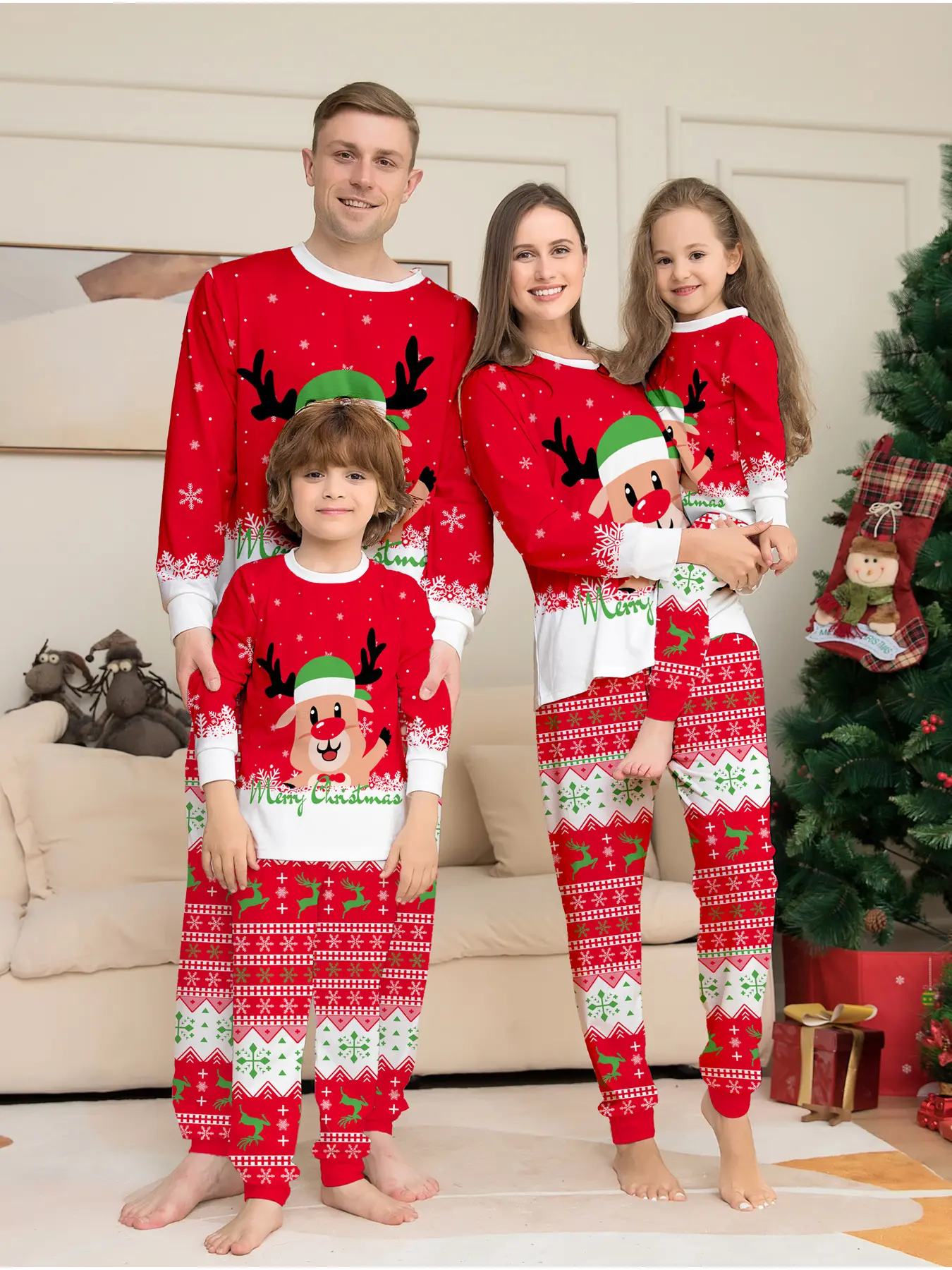 Family Matching Christmas Pajamas Set for 4, Santa & Tree Print Two-piece Loungewear with Red Trim, Soft Breathable Knit, Perfect for Xmas Photos, Party & Daily Sleep
