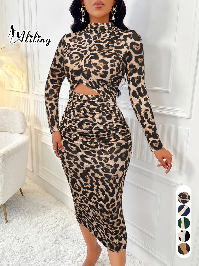 Aliling Women's Colorblock Print Cut Out Bodycon Dress, Elegant Fashion Casual Long Sleeve Dress for Daily Outdoor Wear, Women Dress for Spring Fall