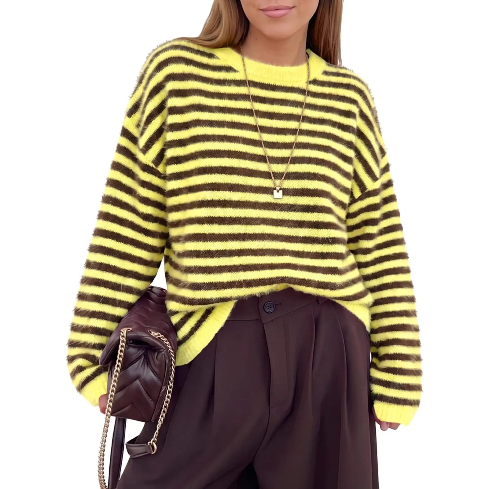 Saodimallsu Women’s Cloud-Soft Fuzzy Knit Striped Crew Neck Waist-Length Casual Sweater Pullover Top, Sweaters