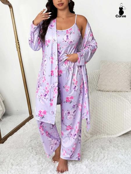 【Plus Size】 Floral Print Lounge Robe & Cami Top & Pants Pyjama Set, Casual Comfy Loungewear Set for Women, Women's Sleepwear for Spring & Fall, Soft Pajamas