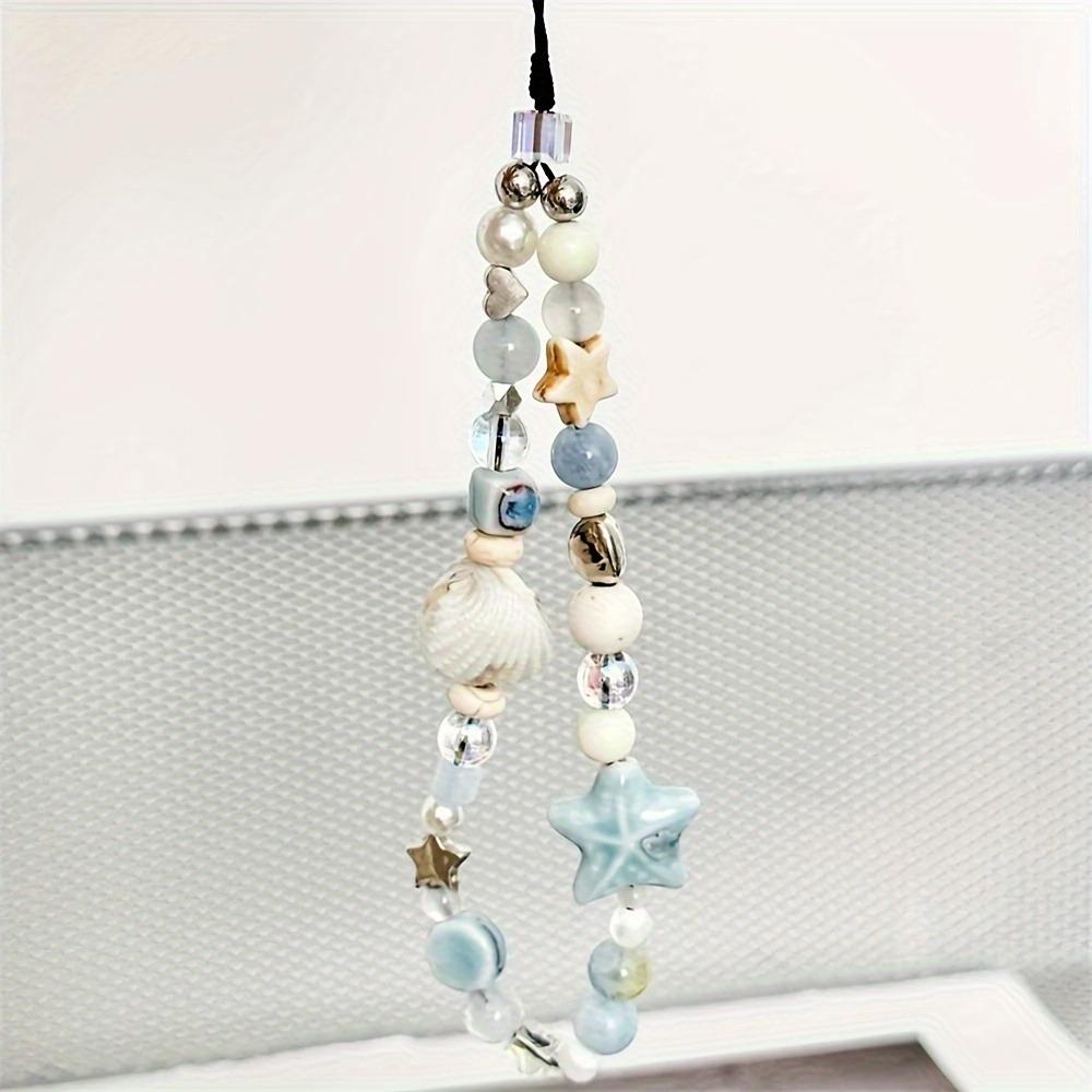 [Cute Charm] Blue Star Seashells Beaded Phone Strap | For Woman Girl | Cute Charm Chain Flower Phone Lanyard Keychain | For iPhone Case