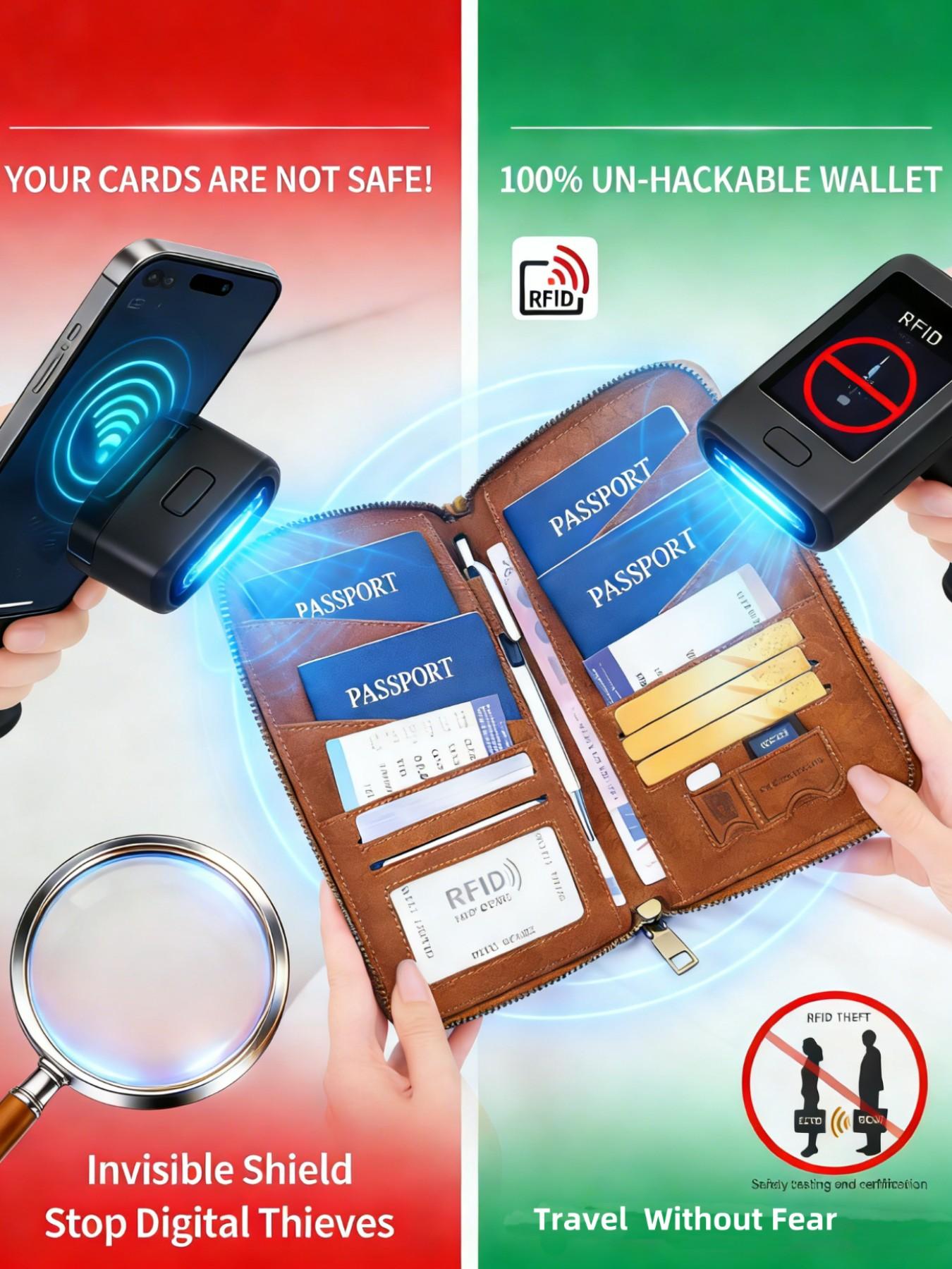 Multi-Functional Travel Document Organizer - RFID Blocking Long Zippered Passport Wallet, Passport Cover, Ticket & ID Storage Bag, Travel Document Holder