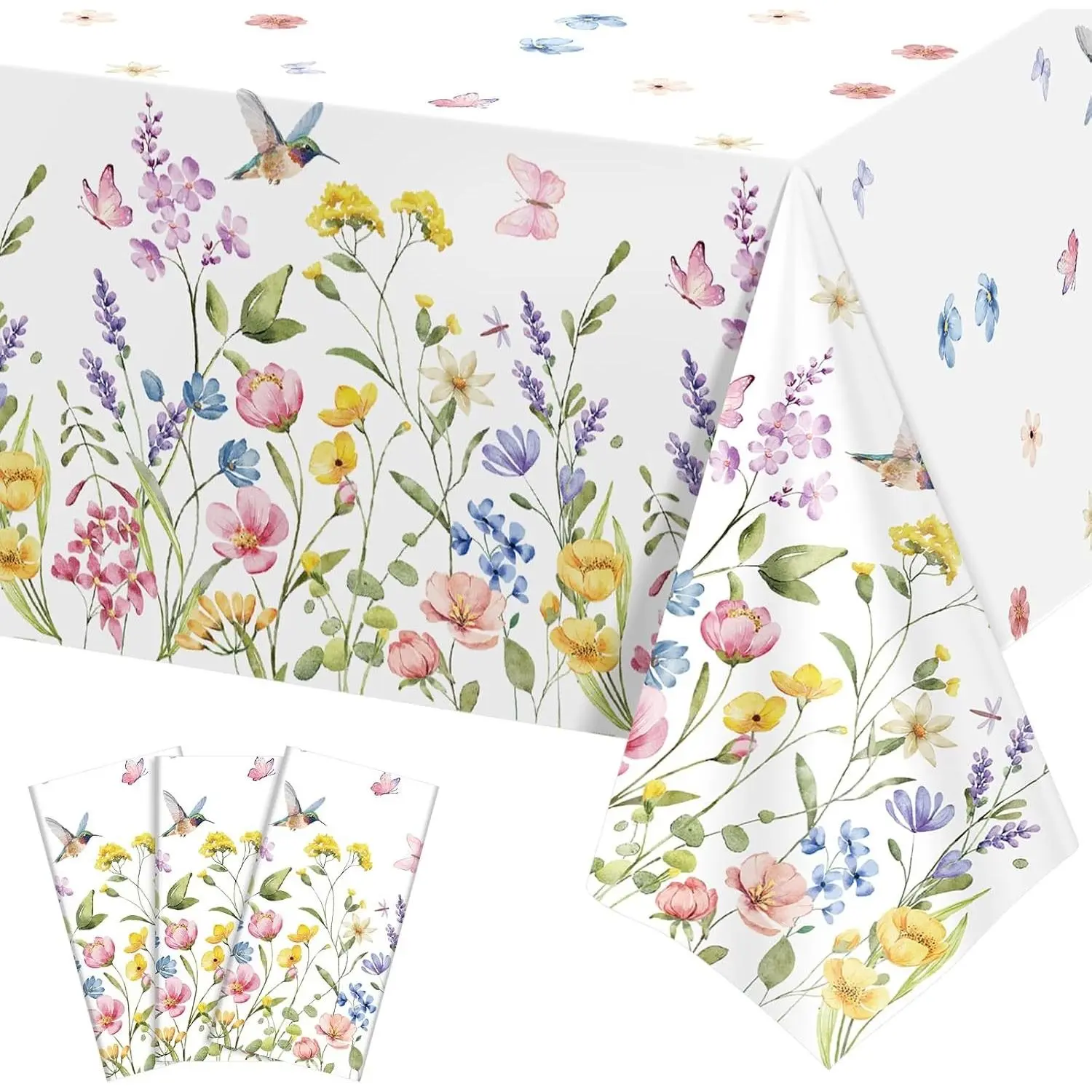 3 Pack Wildflower Plastic Tablecloths, 54 X 108Inch Spring Tablecloth Disposable Tea Party Table Cloth, Butterfly Wildflower Porcelain Tables Decor for Tea Party Birthday Garden Wedding Party