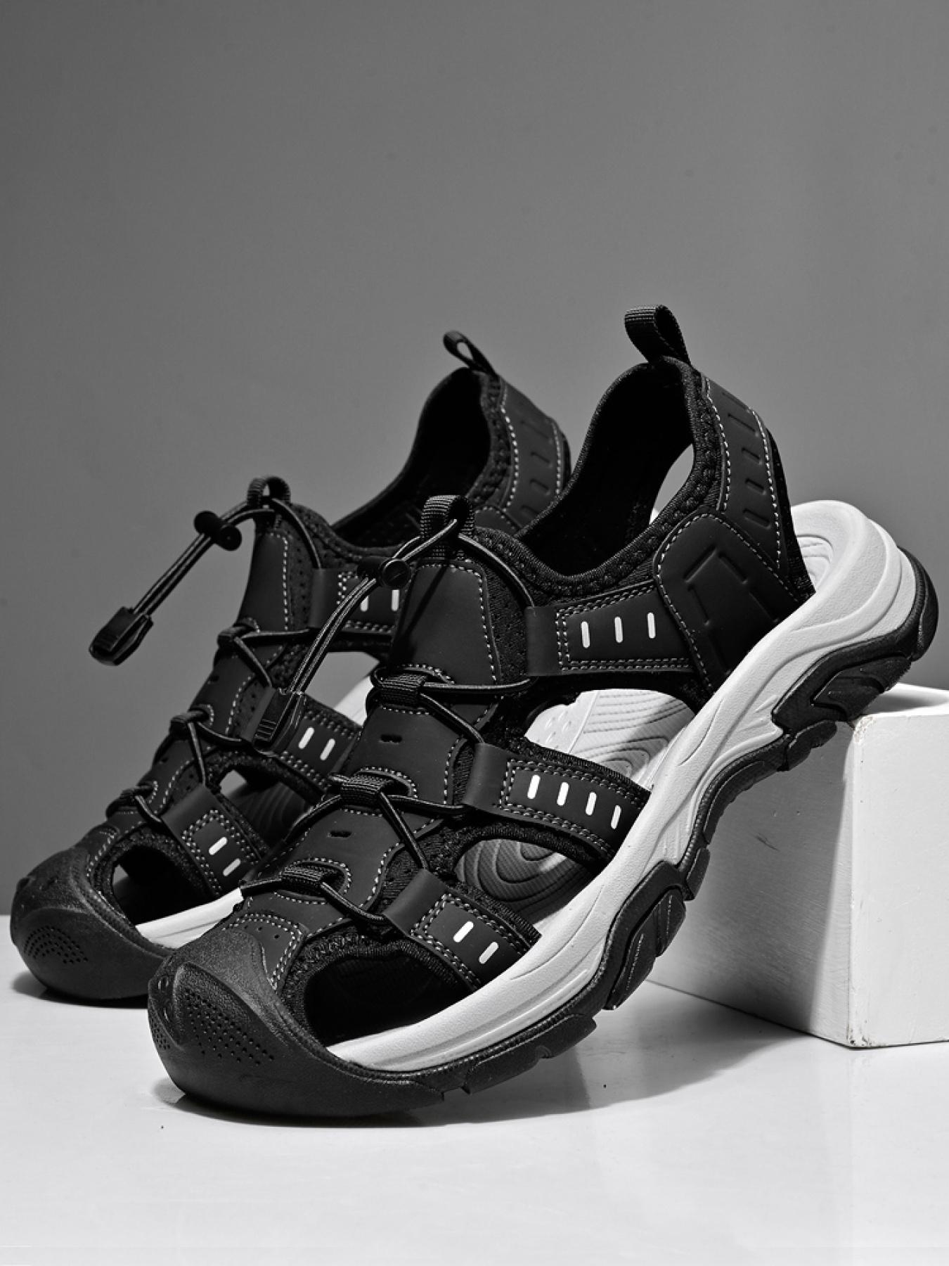 Men's Black and White Drawstring Closed-Toe Outdoor Sandals Thick-Soled Non-Slip Hollow-Out Water Shoes Breathable Durable Beach Hiking Shoes