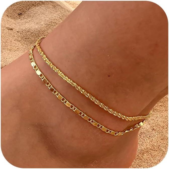 Tewiky Layered Anklet Bracelet for Woman Glitter Box Paperclip Figaro Cuban Link Anklets Waterproof Jewelry Gifts For christmas 2024 ornament Snake Beaded