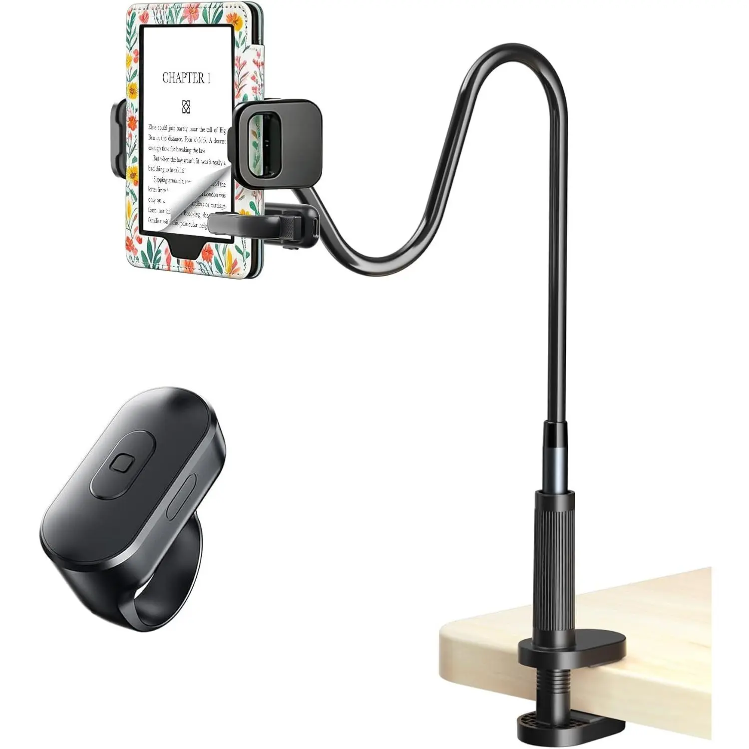 [Case-Friendly] Long Tablet Stand for Kindle with Page Turner Ring Remote, Gooseneck Holder for Reading in Bed with Clicker, eReader Accessories  for Readers Compatible with iPad  Fire