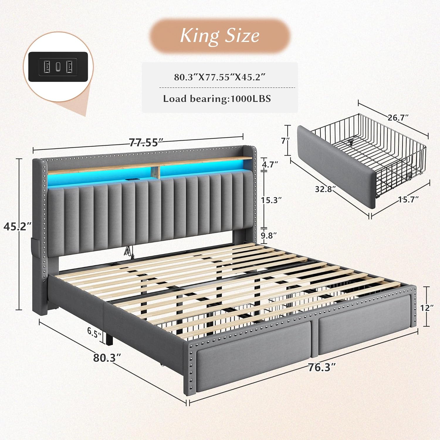 Luxury King/Queen/Full Bed Frame with Storage Shelf & 2 Drawers,NO MATTRESS, Upholstered Bed Frame with LED &Power Outlet, Holds 1000lbs, No Noise, Metal Frame & Wood Slats
