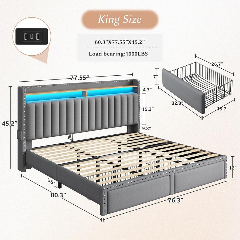 Luxury King/Queen/Full Bed Frame with Storage Shelf & 2 Drawers,NO MATTRESS, Upholstered Bed Frame with LED &Power Outlet, Holds 1000lbs, No Noise, Metal Frame & Wood Slats