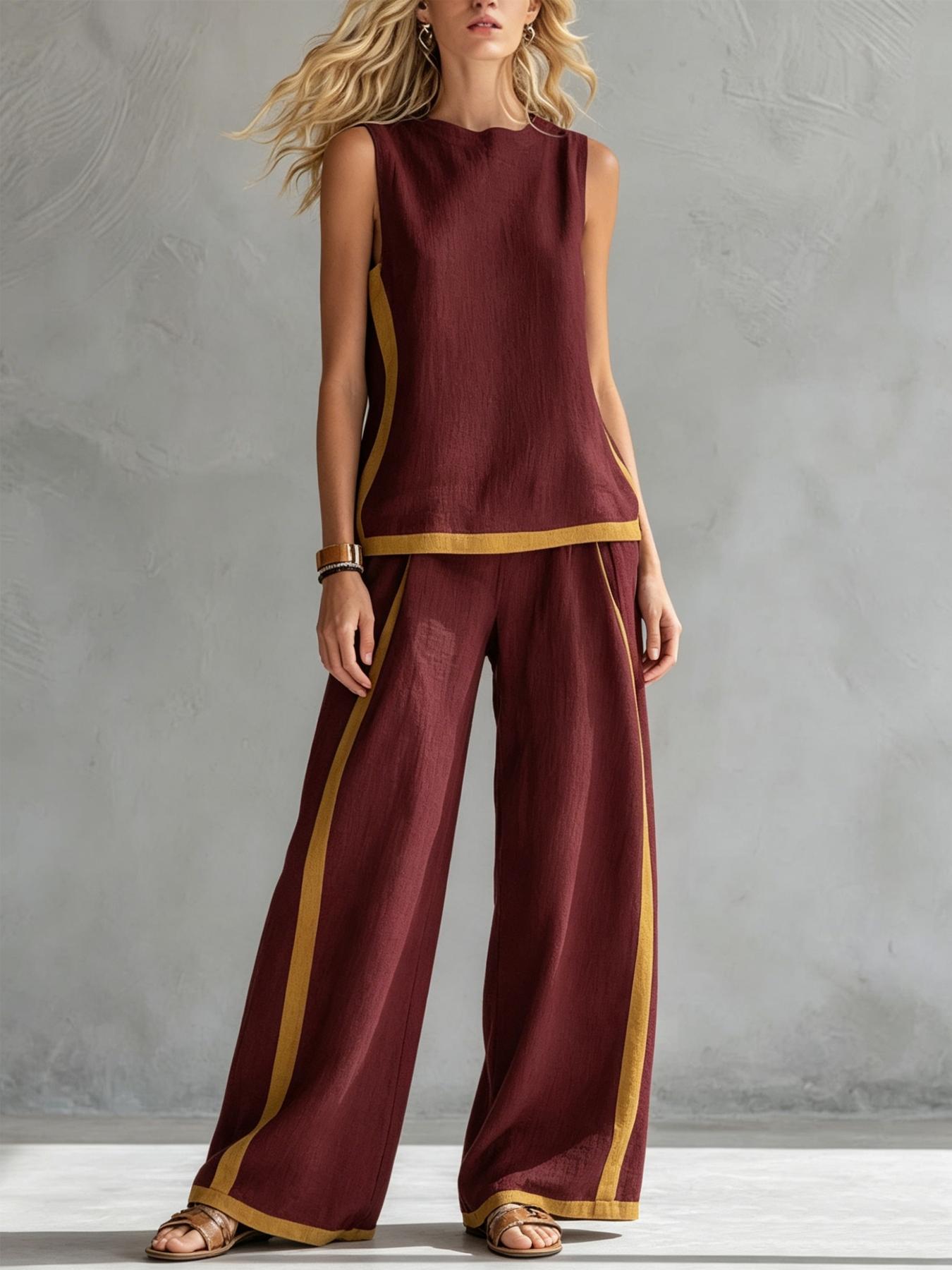 Women's Casual Loose color blocked sleeveless wide leg two-piece set, Colorblock casual set, with breathable surface suitable for commuting, daily wear. Multiple colors available