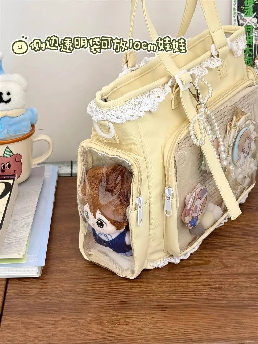 New Nylon/Polyester Ita Bag for Lolita Girls - Transparent Large-Capacity Shoulder Tote, Crossbody, DIY Display Casual Handbag