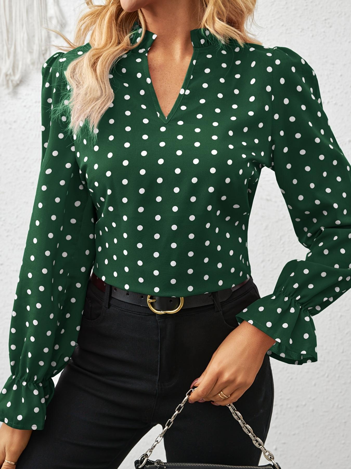 A women's fashion new style top featuring a stand collar with a small V-neck design, ruffled trim, and red polka dot pattern, with a stand colbell sleeves; suitable for retro commuter style, date night looks, and various other outfits.
