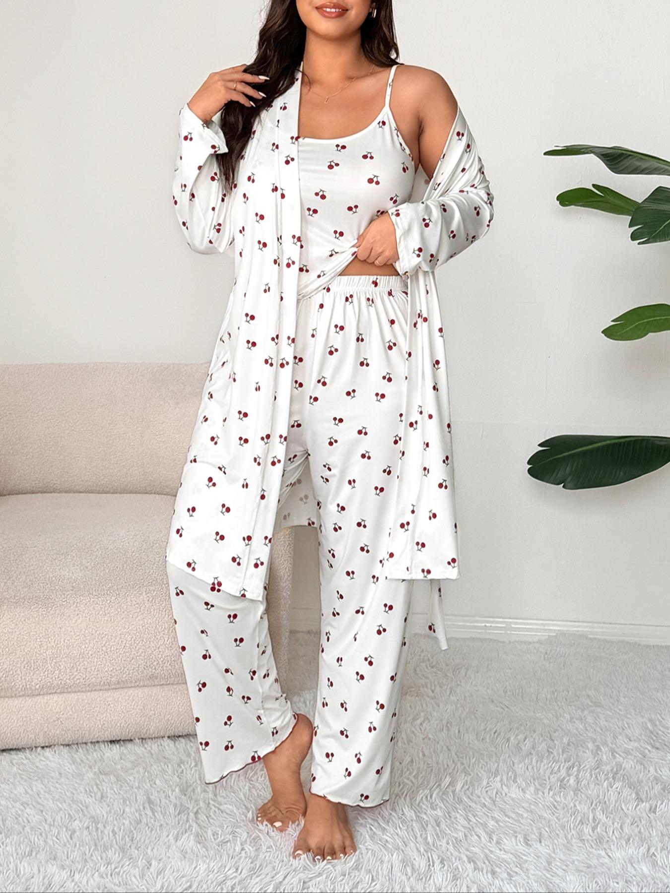 Plus Size Cherry Print Women's Sweet Comfortable Belted Robe & Sleeveless Long Pants & Cami Set, Three-Piece Pajama Sleepwear, Casual Home Wear Plus Size Cherry Print Women's Sweet Comfortable Belted Robe & Sleeveless Long Pants & Cami Set, Three-Piece Pajama Sleepwear, Casual Home Wear