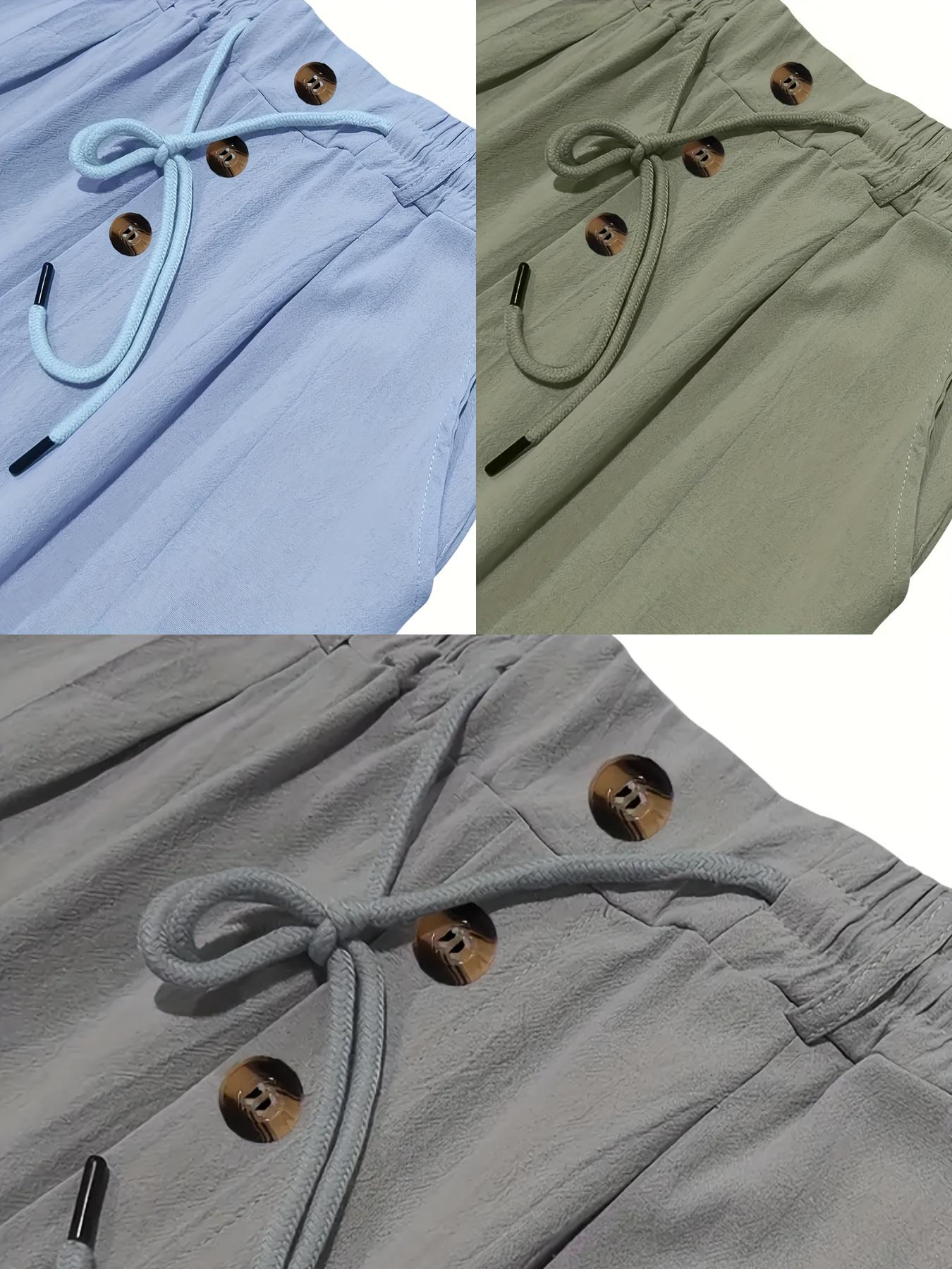 3 pieces of men's summer plain-color simple linen casual straight-leg trousers, Casual Solid Drawstring, beach-friendly lightweight breathable linen trousers, suitable for daily commuting and outdoor activities, vacations, beaches, Casual Fashion Pockets
