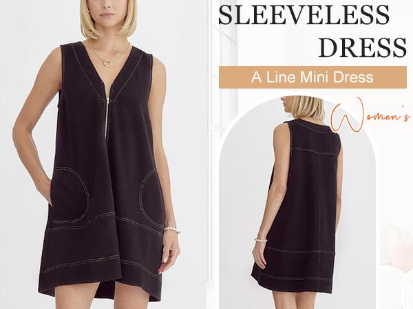 Tanming Women's Half-Zip Cotton A-Line Mini Dress - Sleeveless V-Neck Colorblock, Loose, Comfortable, with Pockets - Beach Casual Wear for Spring Summer, Stylish Everyday Womenswear