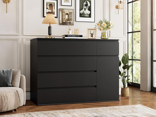 black dresser with black handles Berkeley Six Drawer Leather Wrapped Dresser main image 1