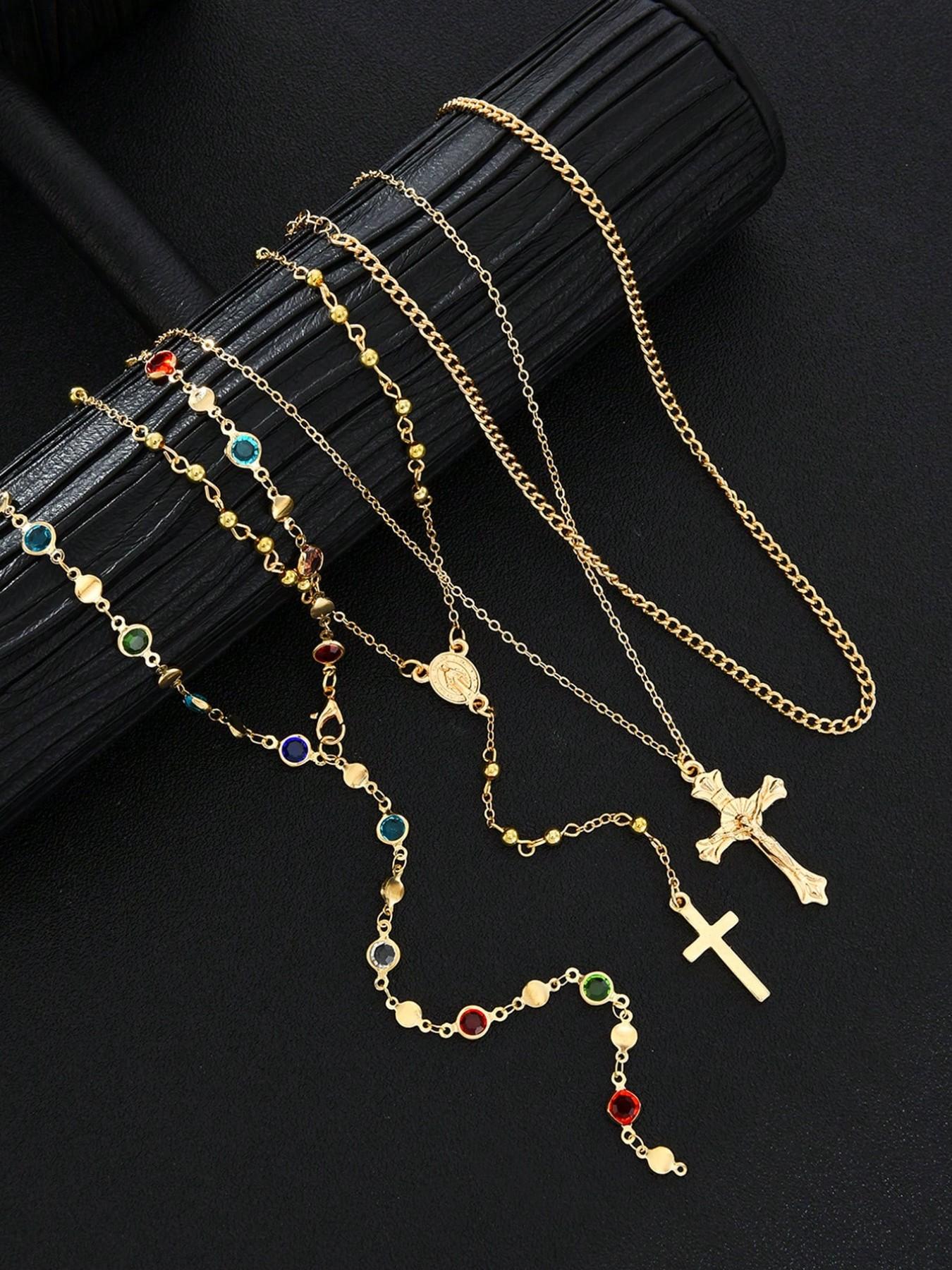 4pcs/set Faux Gemstone Rhinestone Cross Necklace Set, Elegant Vintage Jewelry, Perfect for Women's Summer Beach, Dance, Party Wear