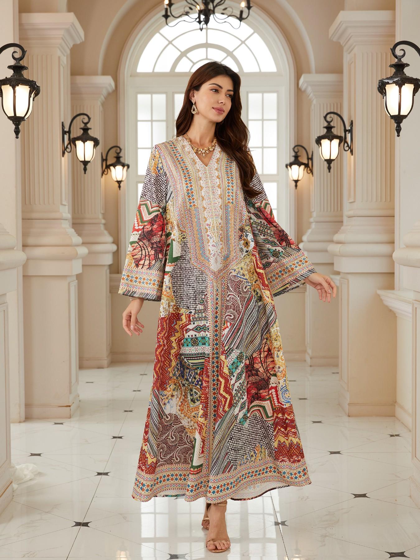 Middle Eastern Ramadan Women's Multi-Color Patchwork Paisley Rhinestone Long Robe, Dubai Style Festival Evening Gown Kaftan Abaya Dress