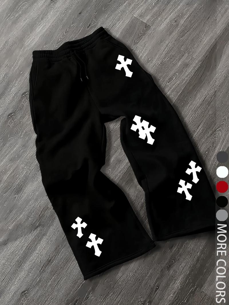 Men's Casual Street Style Cross Print Jogger Pants, Loose Fit Woven Fabric, Fall & Winter Fashion, Trendy for Men