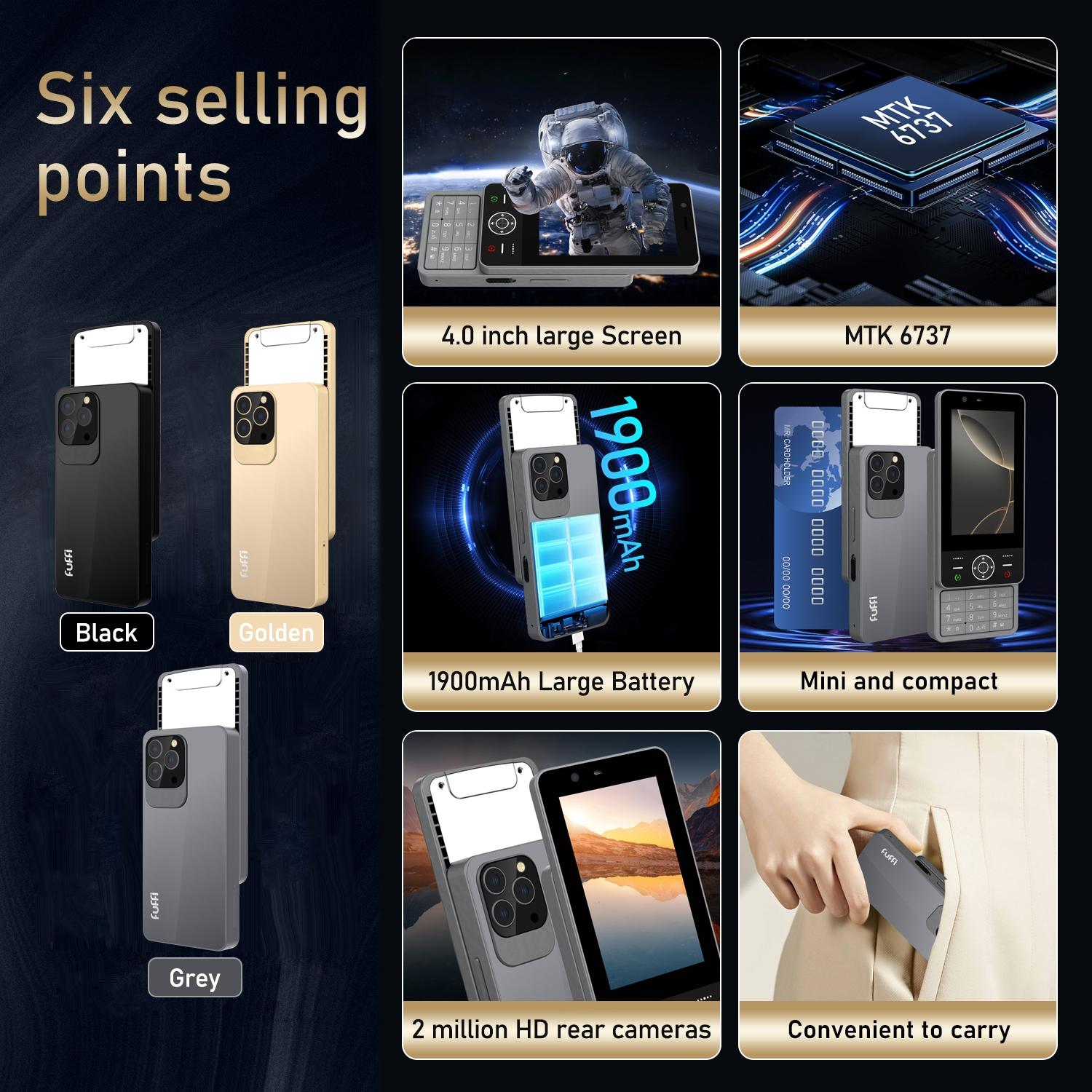 FUFFi-Sliding SmartPhone 4G Network, Mini 4.0 Inch Display, Dual Sim Card Slot, 2+16GB Storage, 2+2mp Camera, Ideal for Everyday Use