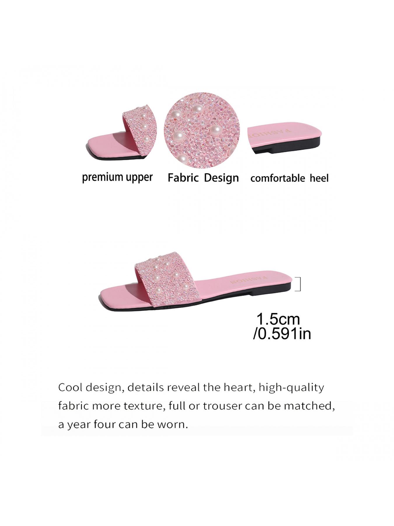 Women's slippers with pearl and rhinestone design, shiny flat slippers, comfortable and essential for home wear and dating.